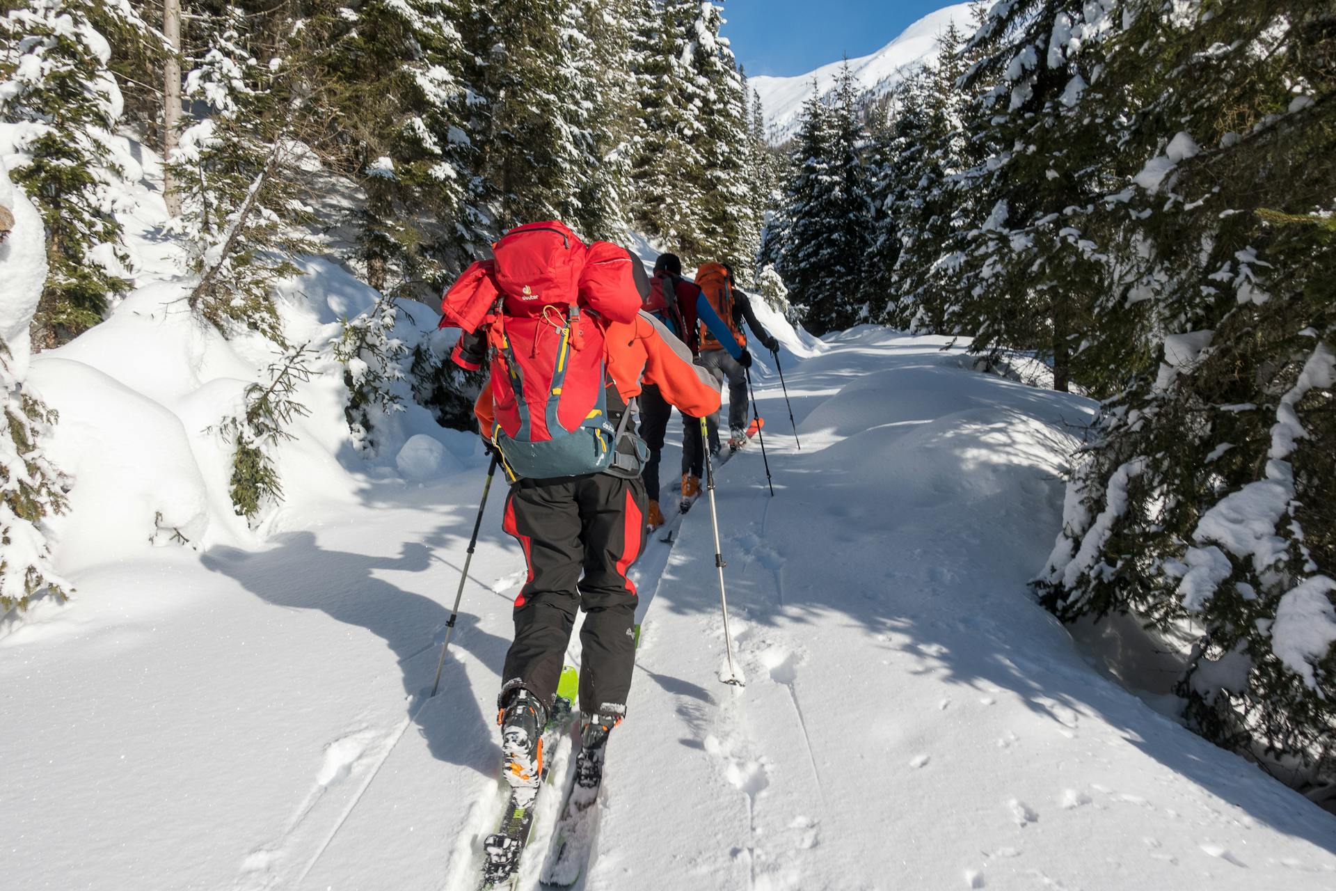 A cross country skier gliding through a pristine, snow-covered mountain landscape